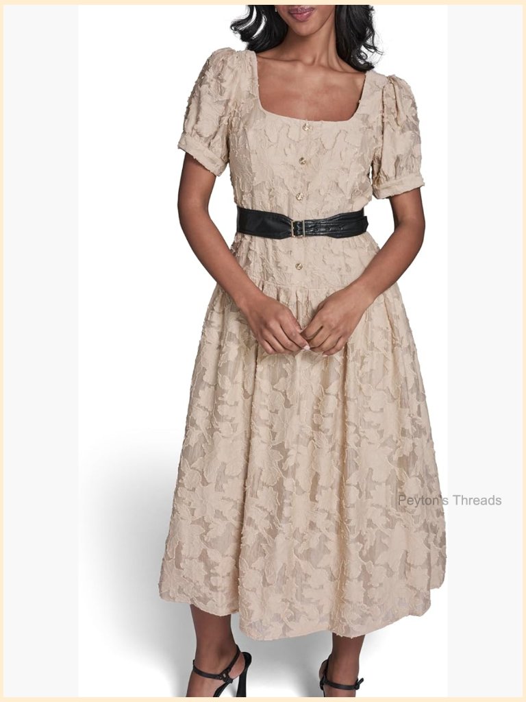 Belted Puff Sleeve Dress With Lace Floral